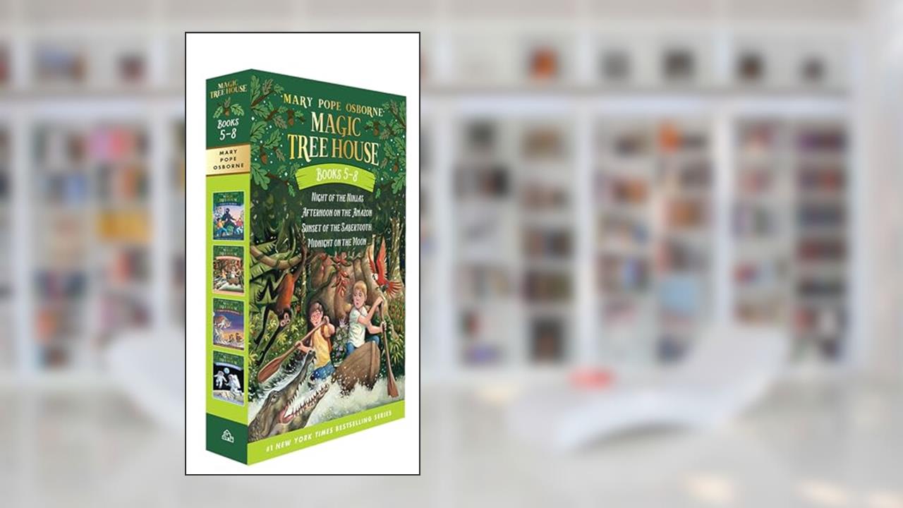 Magic Tree House Boxed Set, Books 5-8: Night of the Ninjas, Afternoon on the Amazon, Sunset of the Sabertooth, and Midnight on the Moon, written by Mary Pope Osborne