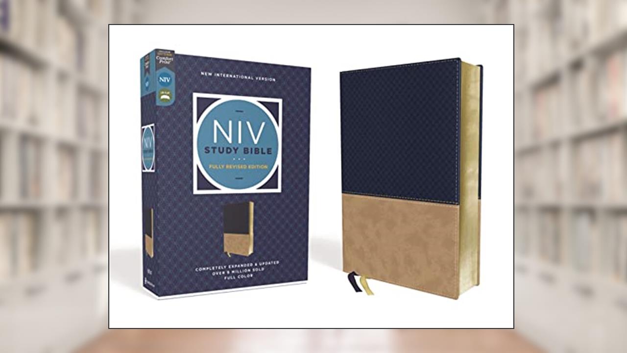 NIV Study Bible, Fully Revised Edition (Study Deeply. Believe Wholeheartedly.), Leathersoft, Navy/Tan, Red Letter, Comfort Print, written by Zondervan