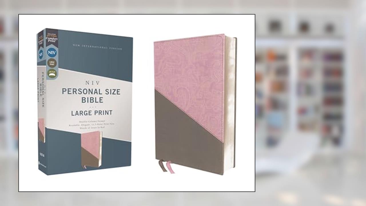 NIV, Personal Size Bible, Large Print, Leathersoft, Pink/Gray, Red Letter, Comfort Print, written by Zondervan