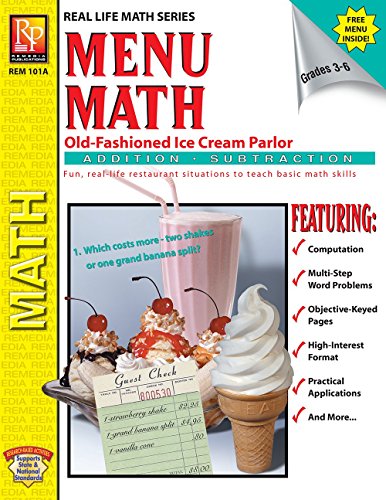 Read Menu Math: Old-Fashioned Ice Cream Parlor (Addition & Subtraction) | Reproducible Activity Book & Full-Color Menu, written by Kitty Scharf; Barbara Johnson Read Menu Math: Old-Fashioned Ice Cream Parlor (Addition & Subtraction) | Reproducible Activity Book & Full-Color Menu, written by Kitty Scharf; Barbara Johnson