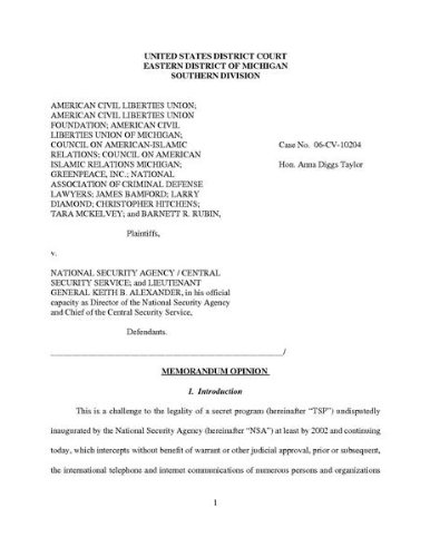Read ACLU vs NSA Judgment, written by American Civil Liberties Union; National Security Agency; Ana Diggs Hon. Taylor