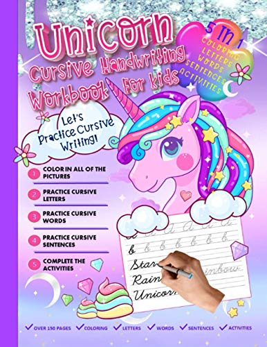 Read Unicorn Cursive Handwriting Workbook For Kids: Unicorn Cursive book, 5-in-1 With Coloring, Letters, Words, Sentences, And Activities For Kids Beginning Cursive, written by Goi Lita Read Unicorn Cursive Handwriting Workbook For Kids: Unicorn Cursive book, 5-in-1 With Coloring, Letters, Words, Sentences, And Activities For Kids Beginning Cursive, written by Goi Lita