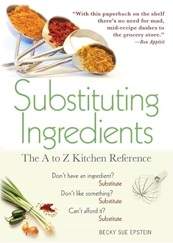 Read Substituting Ingredients: The A to Z Kitchen Reference (Must-Have Kitchen Essential with 1,000 Easy-to-Find, Healthy, and Cheap Substitutions), written by Becky Sue Epstein Read Substituting Ingredients: The A to Z Kitchen Reference (Must-Have Kitchen Essential with 1,000 Easy-to-Find, Healthy, and Cheap Substitutions), written by Becky Sue Epstein